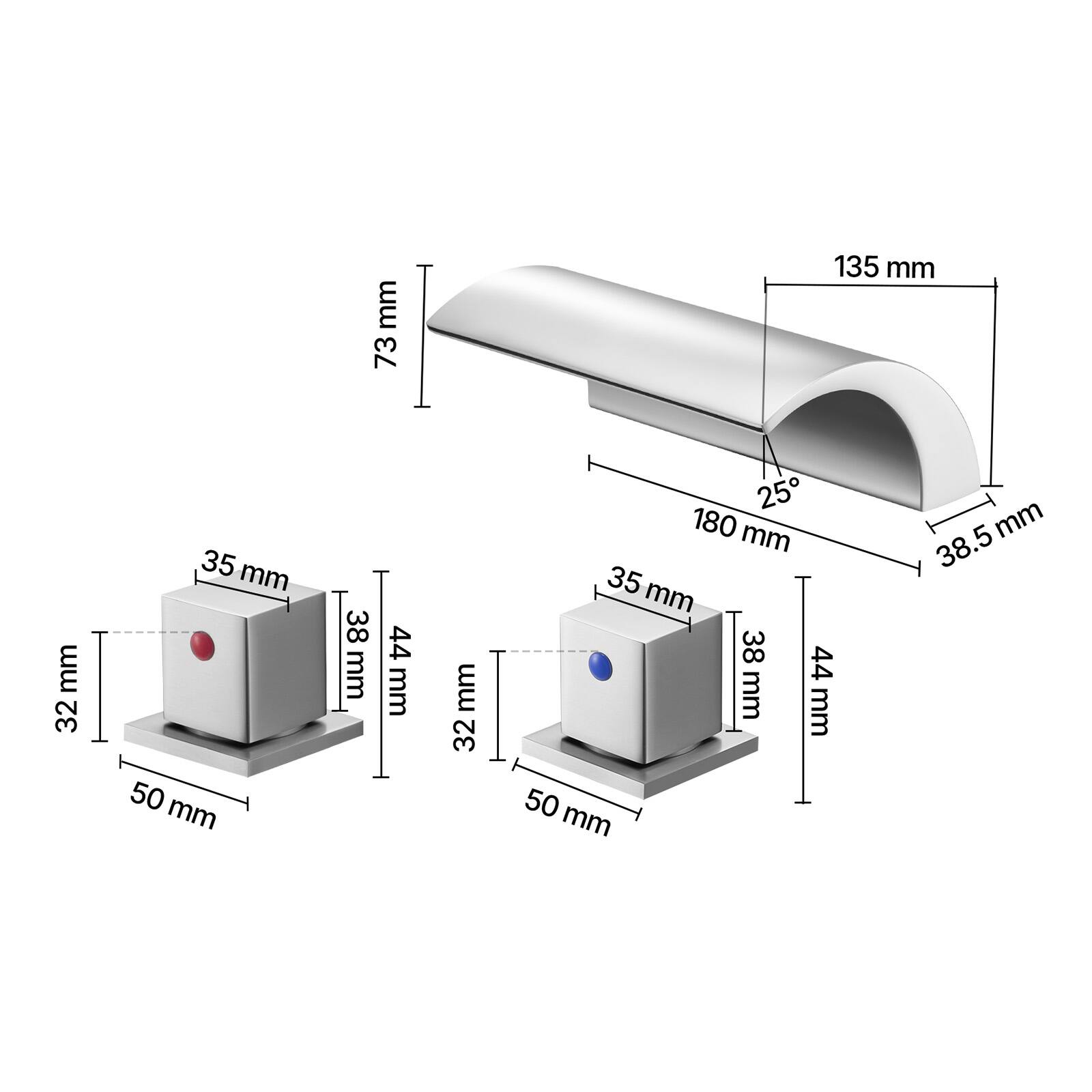 - 73 mm
- 135 mm
- 180 mm
- 35 mm
- 38 mm
- 44 mm
- 32 mm
- 50 mm
- 38.5 mm
- 25°