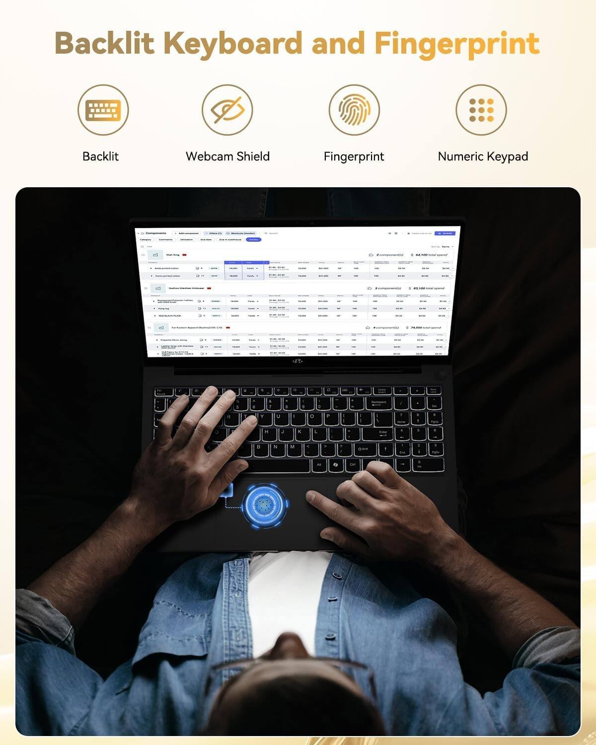 Backlit Keyboard and Fingerprint

- Backlit
- Webcam Shield
- Fingerprint
- Numeric Keypad