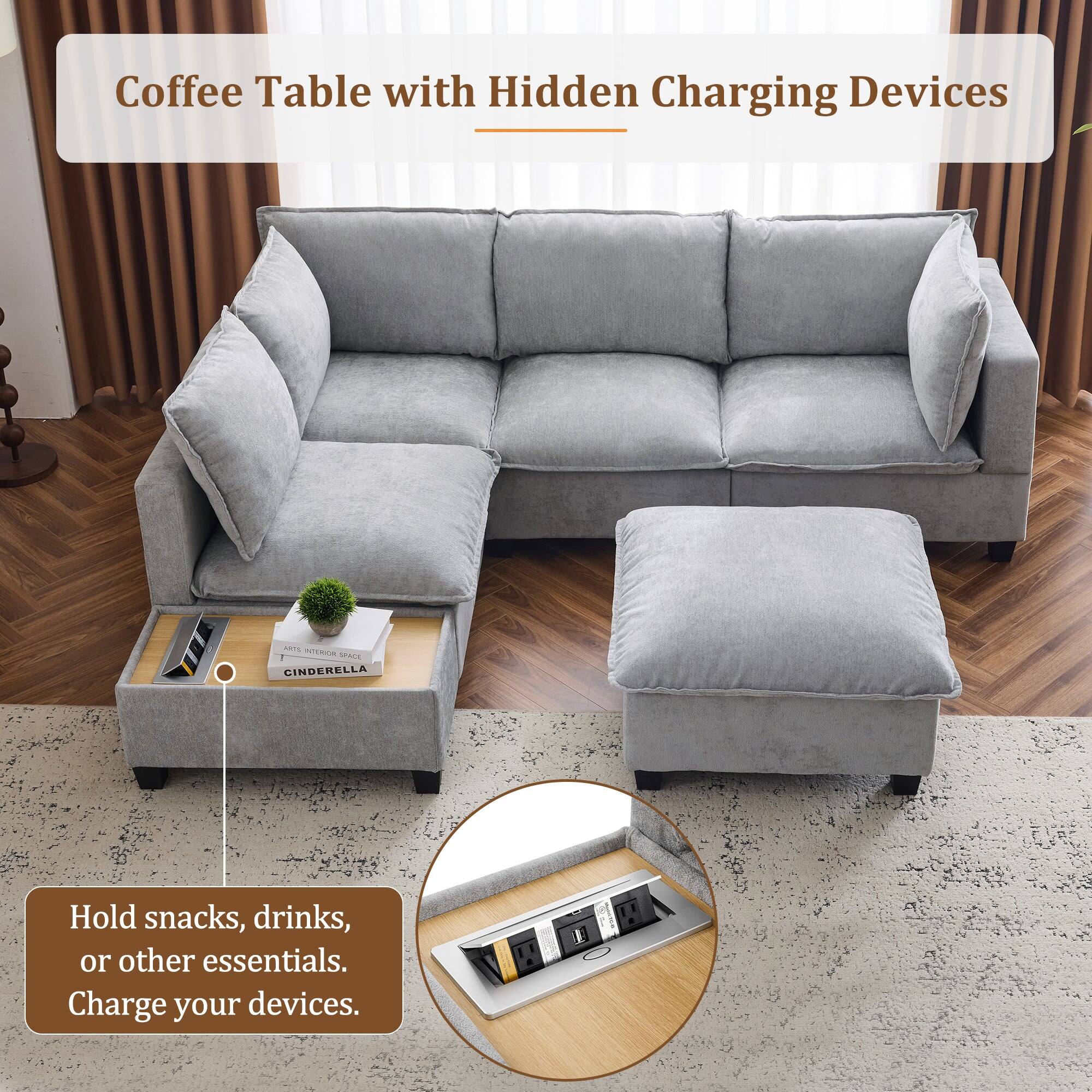 Coffee Table with Hidden Charging Devices

Hold snacks, drinks, or other essentials. Charge your devices.