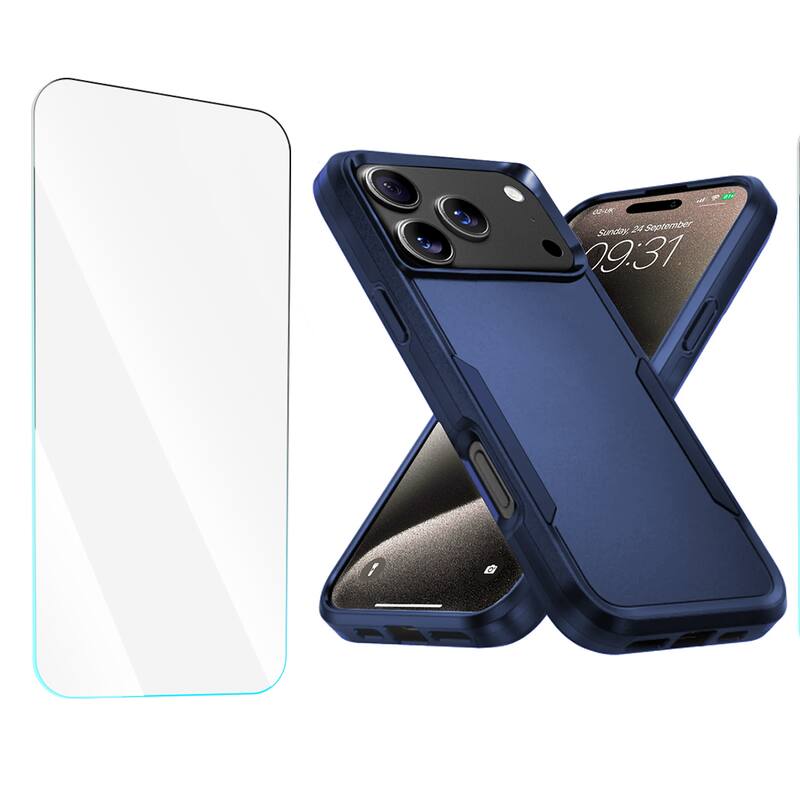 Entronix - iPhone 17 Pro Max Bundle - Soft-Touch Dual-Layer Case with Clear Screen Protector - Navy Blue