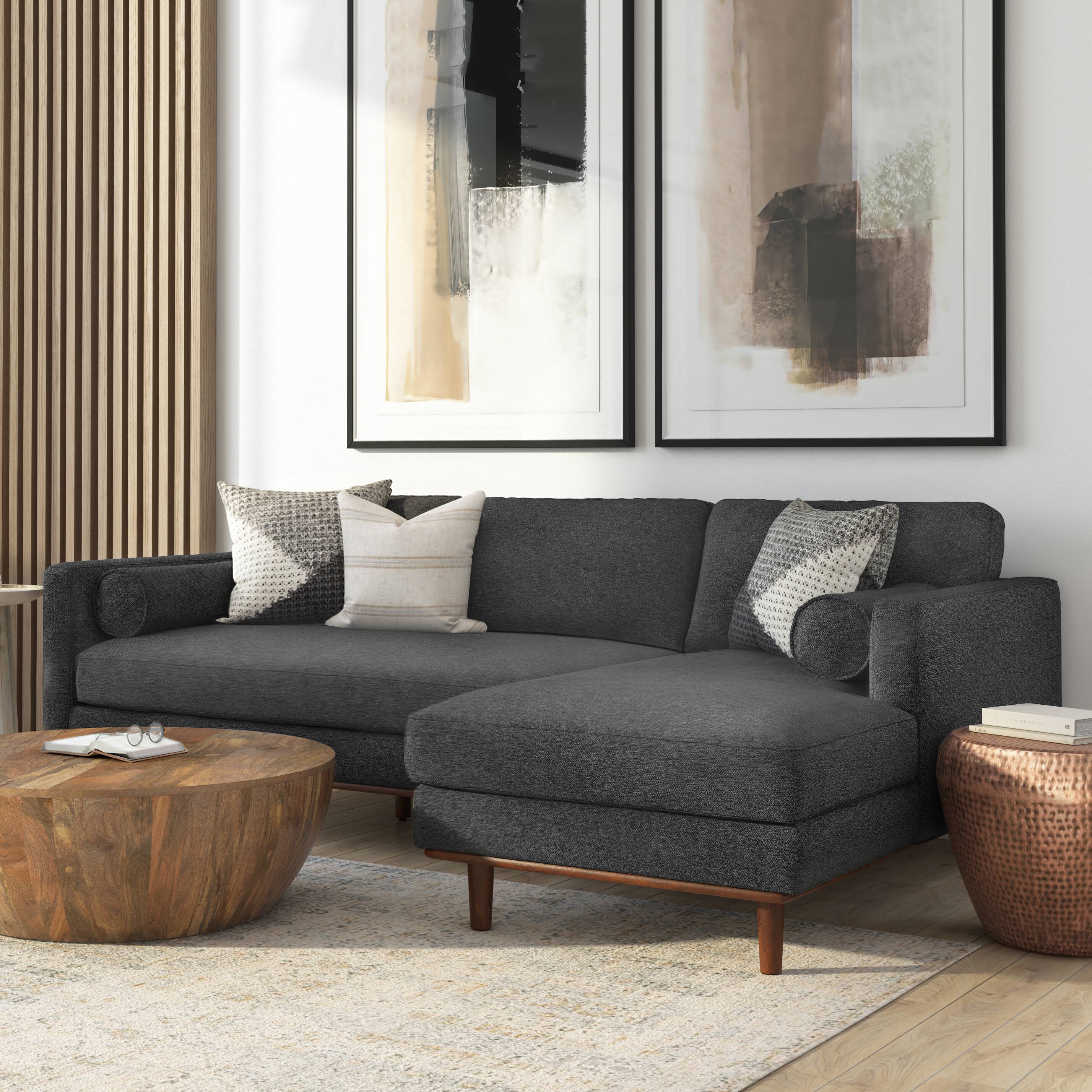 Angle. Simpli Home - Morrison Mid Century Right Sectional 102 inch Wide Sofa Sectional in Charcoal Grey Tightly Woven Performance Fabric - Charcoal Grey.