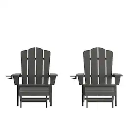 Emma + Oliver - Tiverton Set of 2 Adirondack Chairs with Cup Holders and Pull Out Ottoman, All-Weather HDPE Indoor/Outdoor Lounge Chairs - Gray
