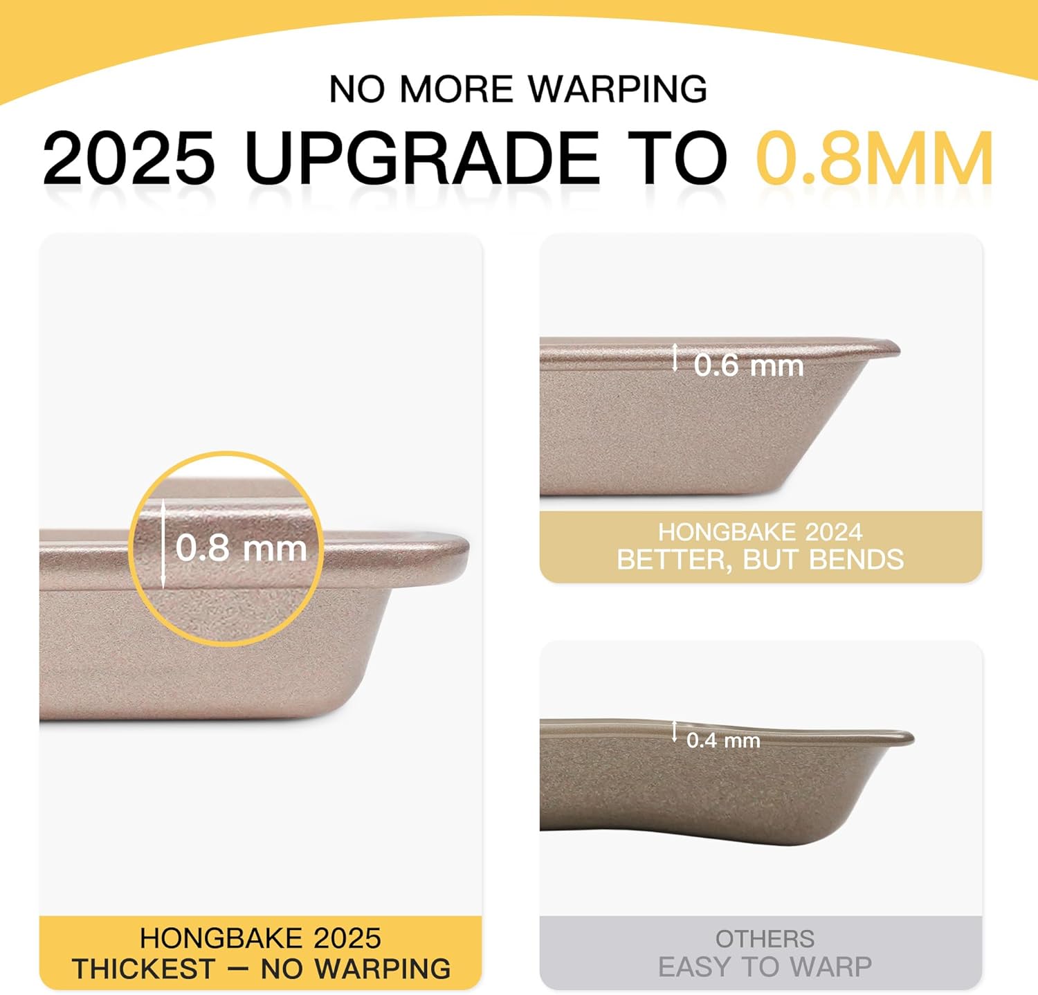 NO MORE WARPING

2025 UPGRADE TO 0.8MM

0.8 mm

HONGBAKE 2025
THICKEST - NO WARPING

0.6 mm

HONGBAKE 2024
BETTER, BUT BENDS

0.4 mm

OTHERS
EASY TO WARP