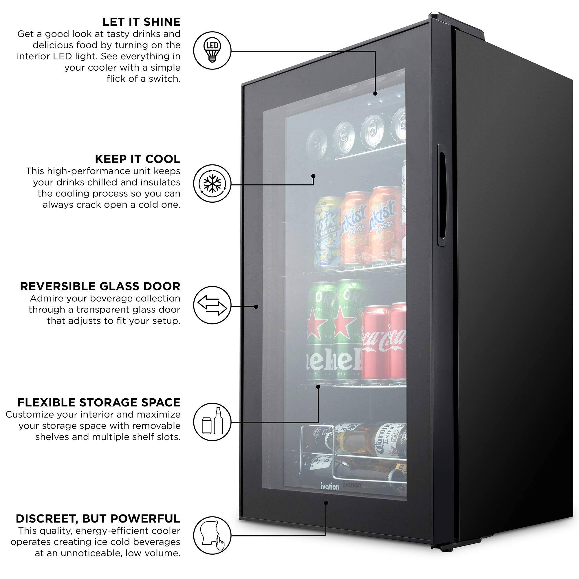 LET IT SHINE  
Get a good look at tasty drinks and delicious food by turning on the interior LED light. See everything in your cooler with a simple flick of a switch.

KEEP IT COOL  
This high-performance unit keeps your drinks chilled and insulates the cooling process so you can always crack open a cold one.

REVERSIBLE GLASS DOOR  
Admire your beverage collection through a transparent glass door that adjusts to fit your setup.

FLEXIBLE STORAGE SPACE  
Customize your interior and maximize your storage space with removable shelves and multiple shelf slots.

DISCREET, BUT POWERFUL  
This quality, energy-efficient cooler operates creating ice cold beverages at an unnoticeable, low volume.