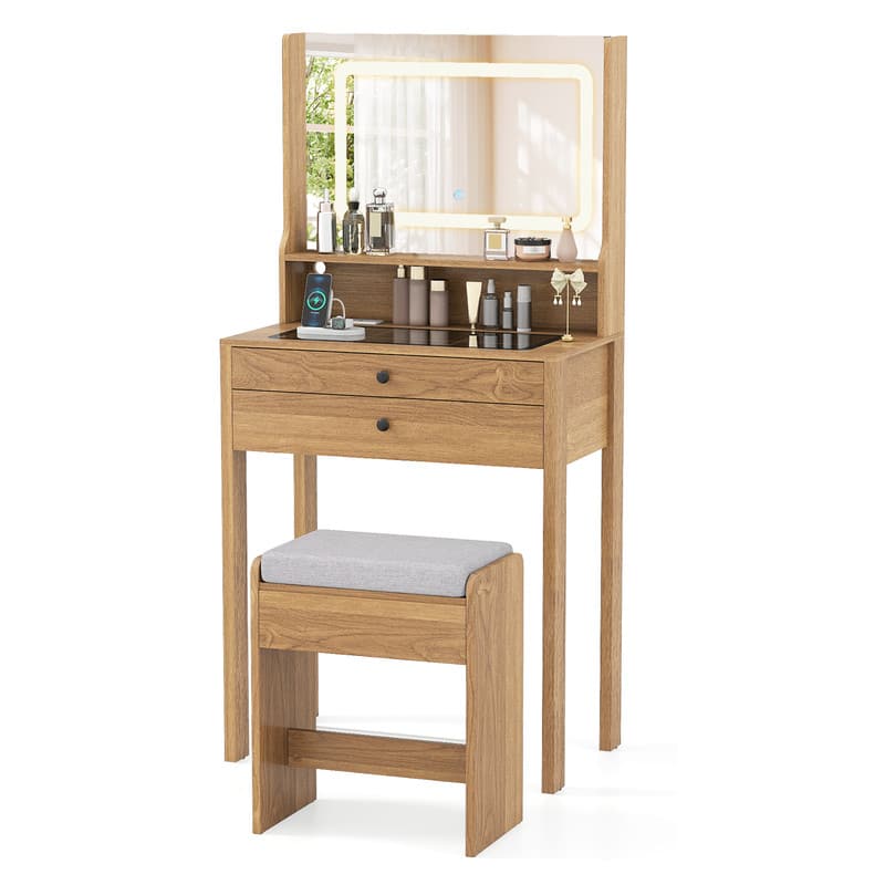 WELLFOR - Makeup Vanity Desk with 3‑Color Lighted Mirror, Built‑in Charging Station,Glass Tabletop and Padded Stool - Natural
