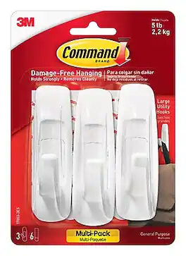 Command - Large Utility Hooks, Damage Free Hanging of Dorm Room Decorations, 3 Hooks, 6 Strips - White