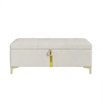 Front. HTUTWOO - Storage Ottoman Bench for Bedroom Living Room - Upholstered Storage Bench with Metal Legs, Fully Assembled Except Legs - Beige.