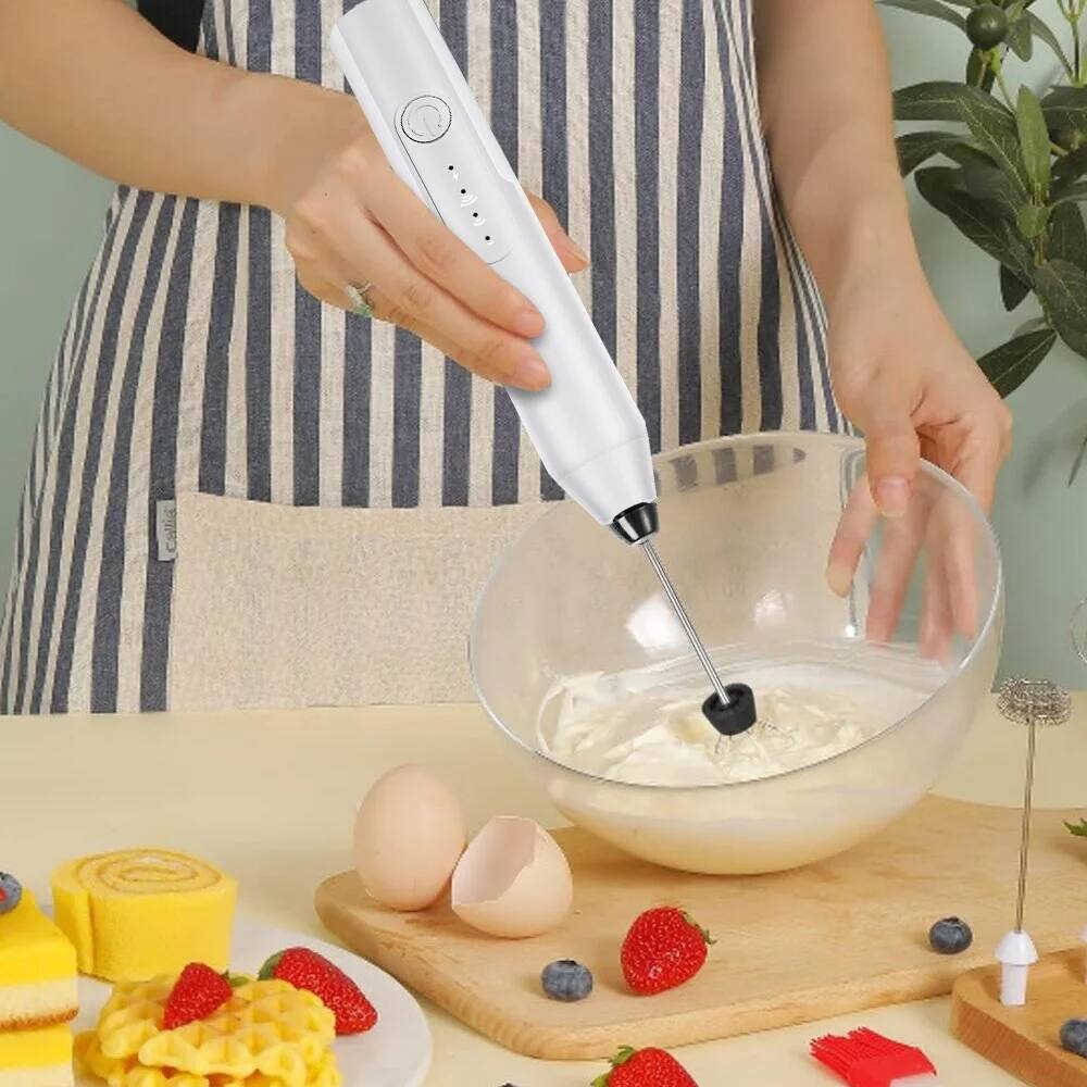 Left. MOVSSOU - Handheld Milk & Coffee Frother Electric Mini Blender Stainless Steel Drink Mixer - white.
