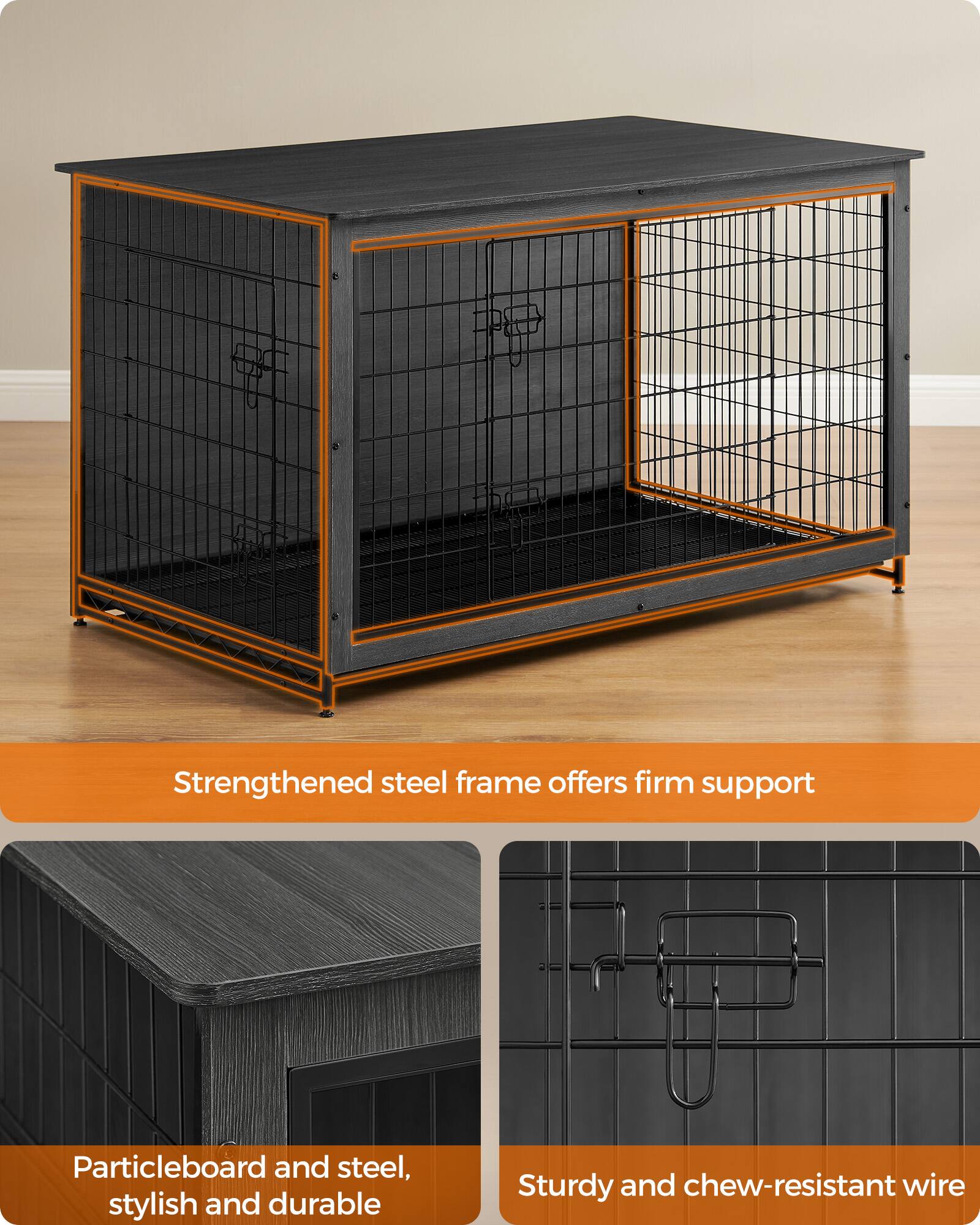 - Strengthened steel frame offers firm support
- Particleboard and steel, stylish and durable
- Sturdy and chew-resistant wire