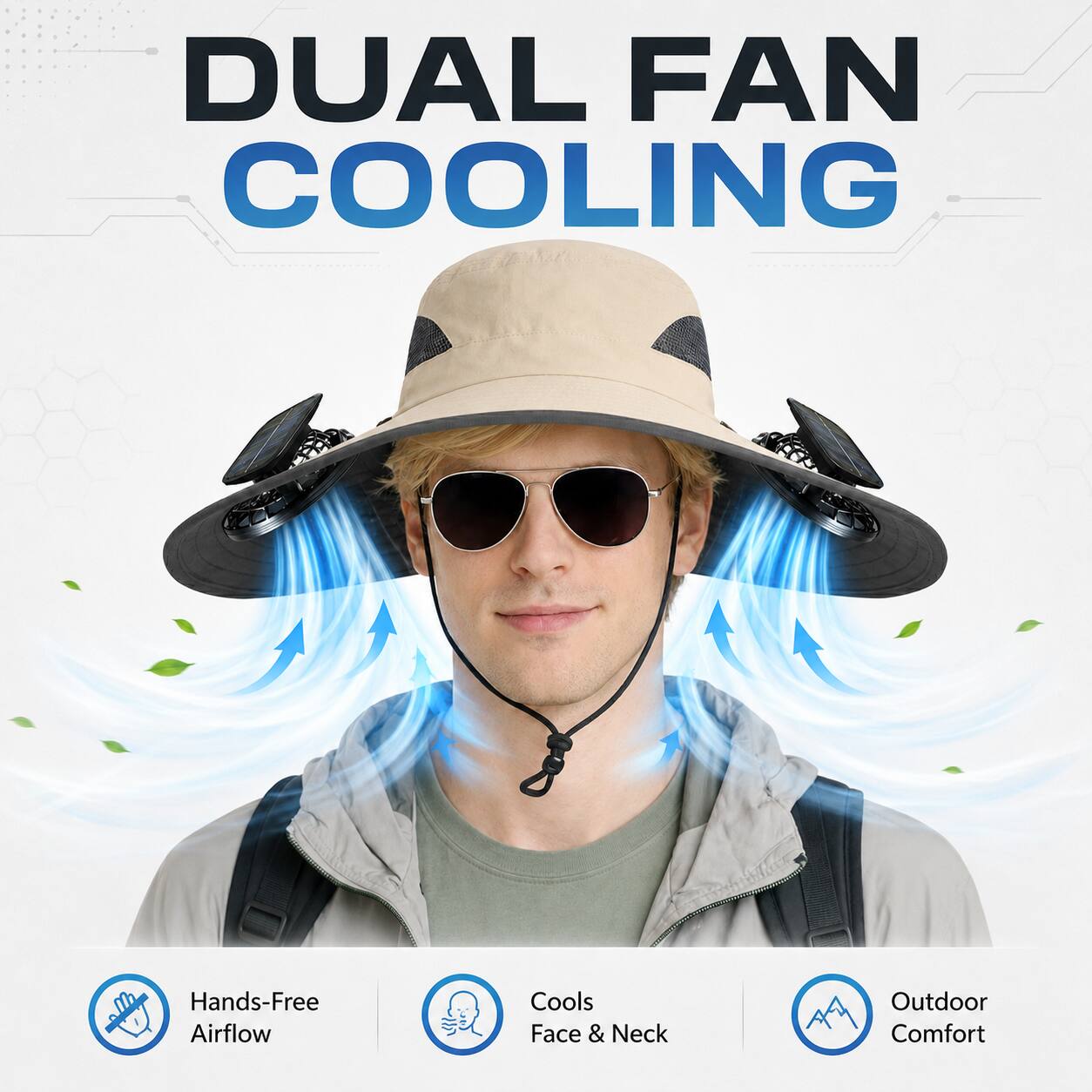 DUAL FAN COOLING

Hands-Free Airflow Cools Face & Neck Outdoor Comfort