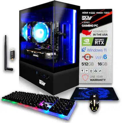 E - HDMI AUDIO & Bluetooth SAN X SERIES GAMING PC
S USA 3.0 ASSEMBLED IN THE USA
GEFORCE NVIDIA RTX
GEFORCE 1
SAN Windows 11
RYZEN WiFi 6
512GB
16GB
ONE YEAR WARRANTY