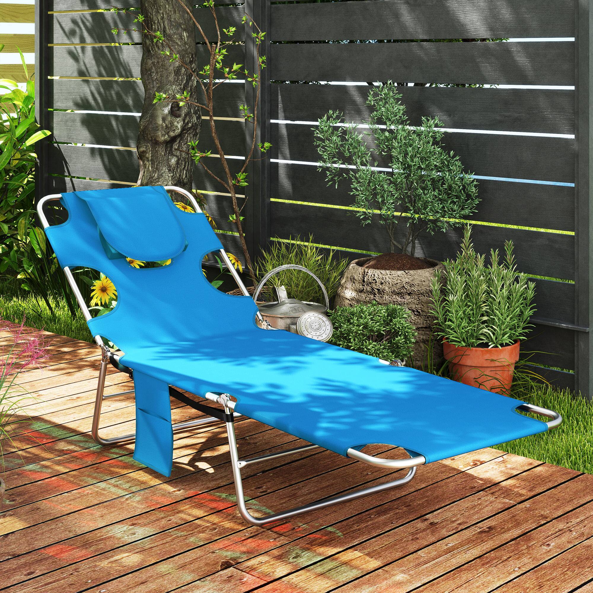Alt View 1. Outsunny - Folding Beach Lounge Chair with Face Hole and Arm Slots, 5-level Adjustable Sun Lounger Tanning Chair - Light Blue.