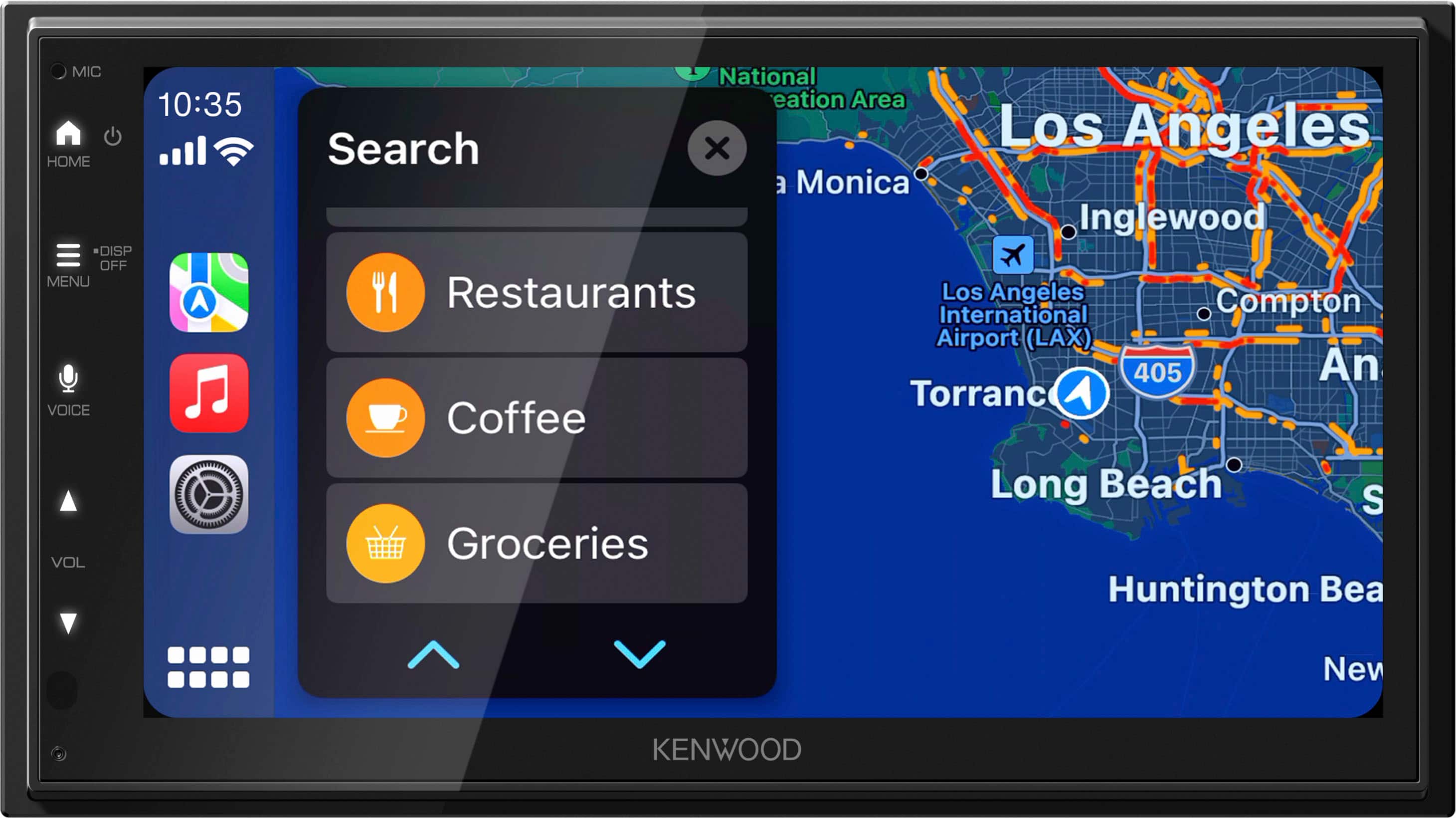 The text on the image is grouped and corrected as follows:
1. MENU:
- Restaurants
- Coffee
- Groceries
- Los Angeles
- Long Beach
- Huntington Beach
- New York
- Kenwood
- Search
- Home
- Off
- Voice
- Vol
- National Park Area
- Los Angeles
- Monica
- Inglewood
- Los Angeles International Airport (LAX)
- 405
- Torrance
- Long Beach
- Groceries
- Huntington Beach
- New York
- Kenwood
- Los Angeles
- Long Beach
- Huntington Beach
- New York
- Kenwood
- Search
- Home
- Off
- Voice
- Vol
- National Park Area
- Los Angeles
- Monica
- Inglewood
- Los Angeles International Airport (LAX)
- 405
- Torrance
- Long Beach
- Groceries
- Huntington Beach
- New York
- Kenwood