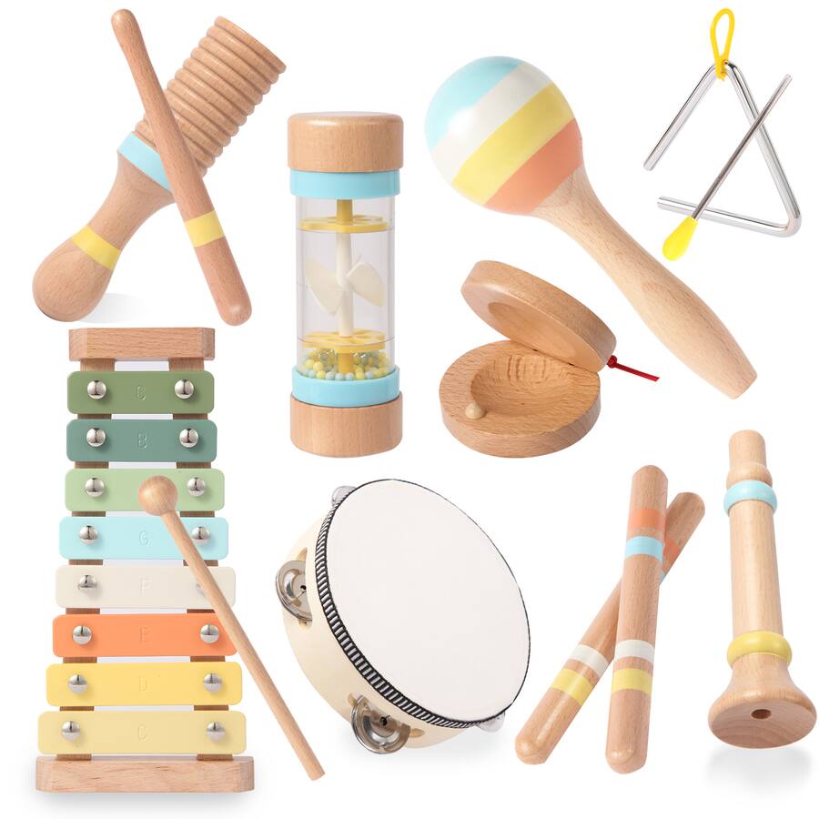 Three Muscal Instruments Sugift 9 Piece Wooden Musical Instruments Set with Xylophone, Maracas ...