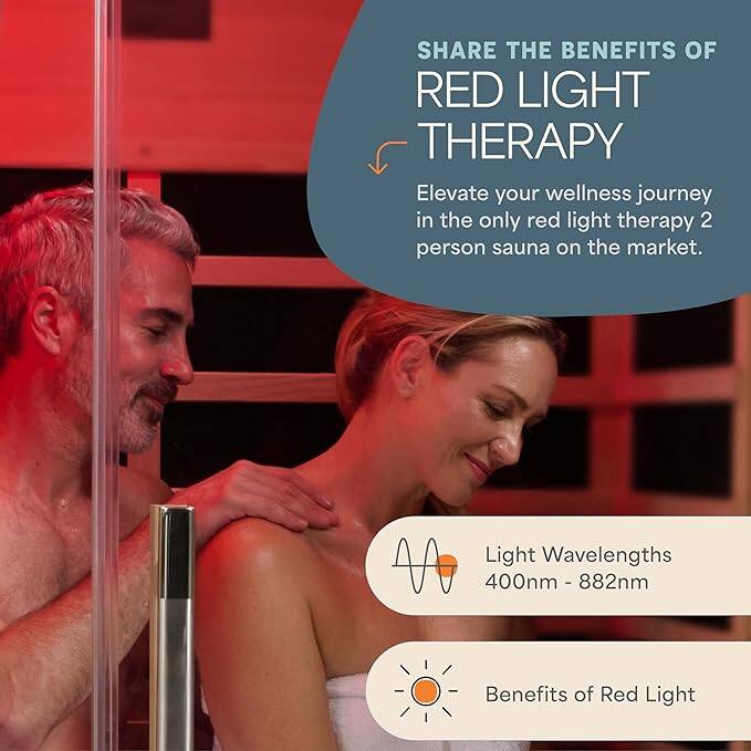 SHARE THE BENEFITS OF RED LIGHT THERAPY

Elevate your wellness journey in the only red light therapy 2 person sauna on the market.

Light Wavelengths 400nm - 882nm

Benefits of Red Light