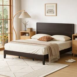 Vipbear - Q/K Wooden Bed Frame with Tall Headboard, Platform Bed Frame with Slat Support, No Box Spring Needed, Easy Assembly - Brown