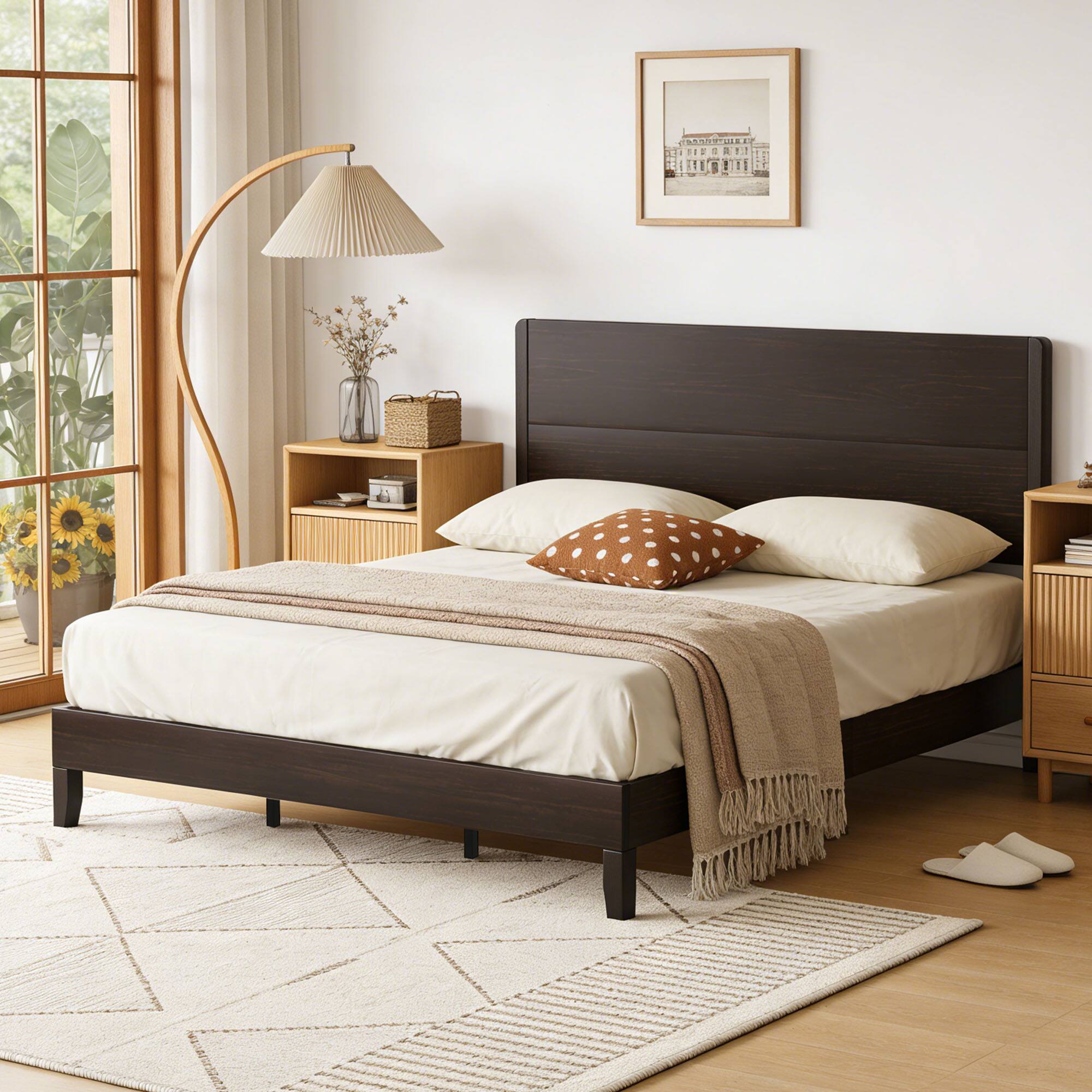 Vipbear Q/K Wooden Bed Frame with Tall Headboard, Platform Bed Frame ...