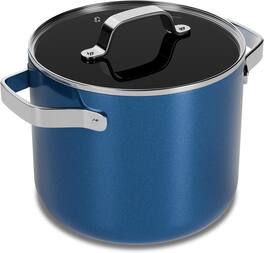 Bakken- Swiss - 5 Qt Aluminum Stock Pot, Nonstick Ceramic Coating, PTFE & PFAS Free, Oven Safe 500°F, SS Handles, Glass Lid - Blue