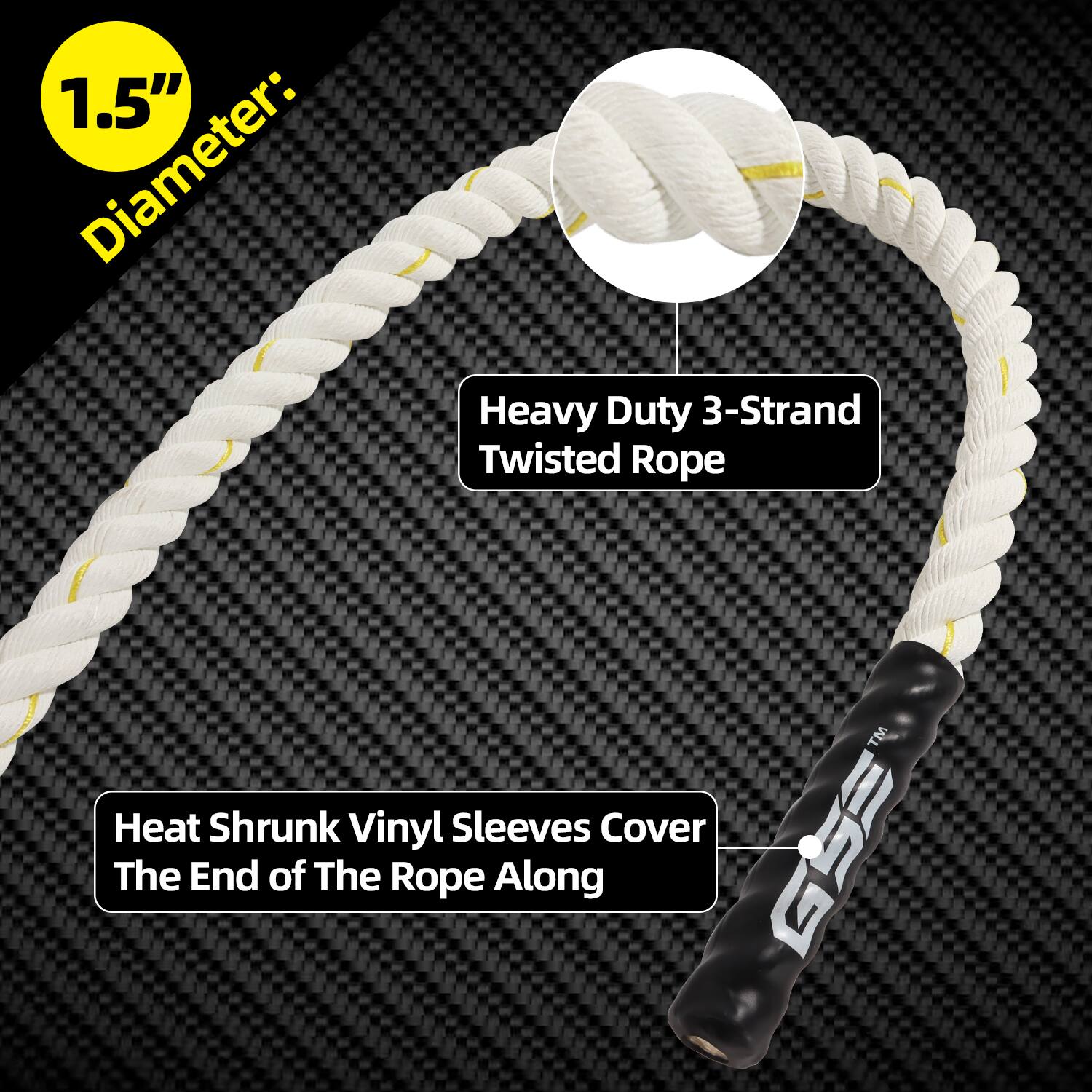 1.5" Diameter: Heavy Duty 3-Strand Twisted Rope, Heat Shrunk Vinyl Sleeves Cover The End of The Rope Along GS