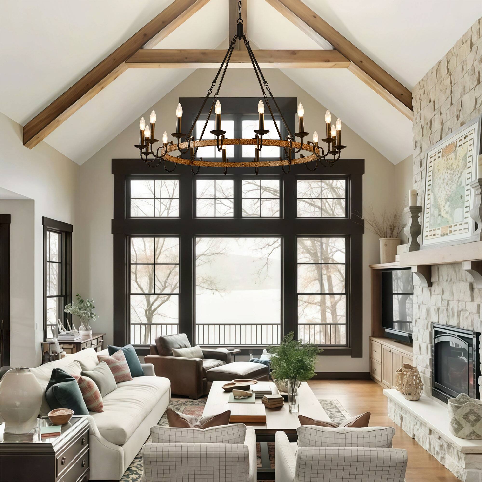 Back. RYHNUYNE - BAOURE 16-Light Rustic Wagon Wheel Chandelier,Farmhouse Dining Room Light Fixture,Round Wood Chandelier for Living Room - Black.