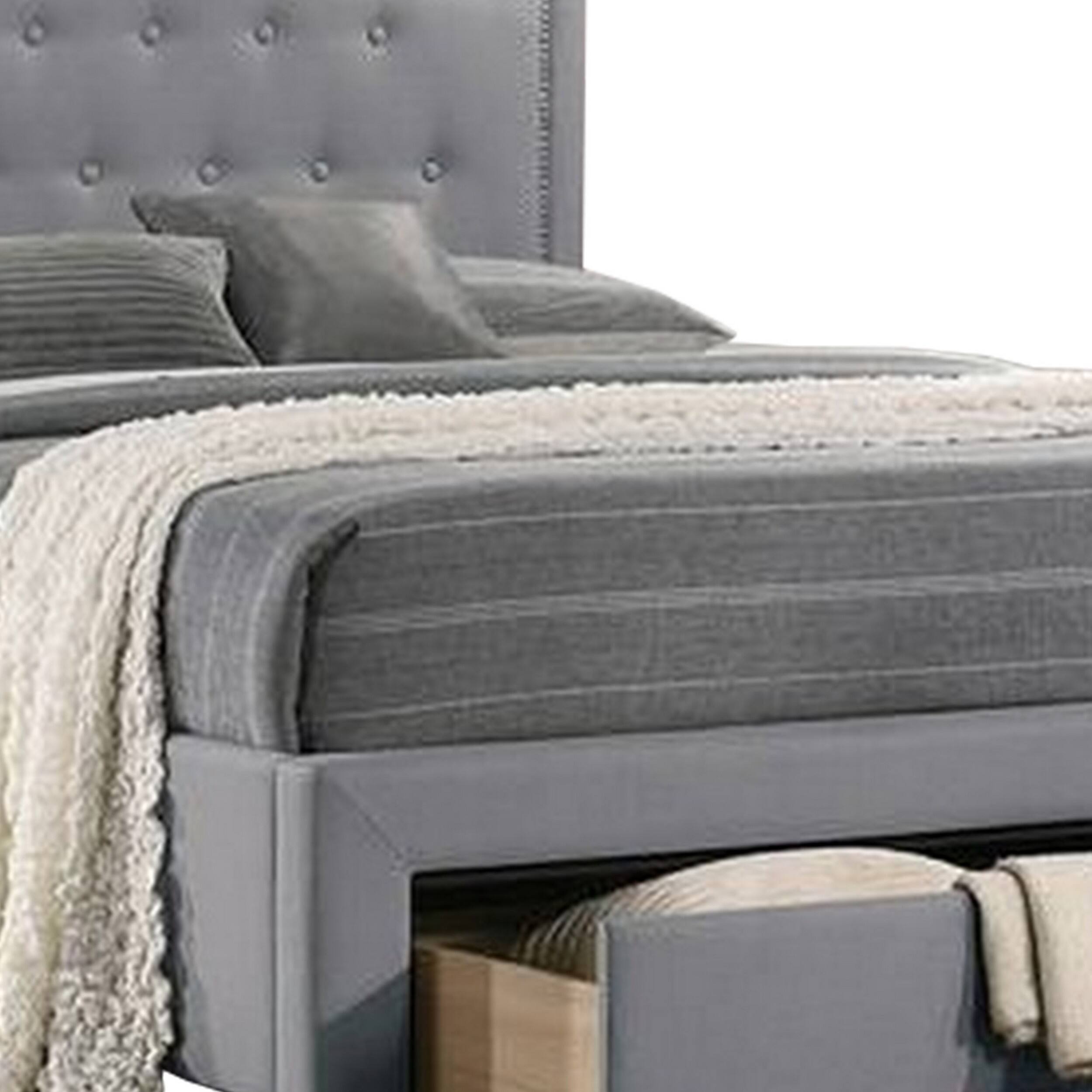 Alt View 3. Manhattan Lane - Buk Upholstered Tufted Twin Bed with Storage, Nailhead Trim, Gray Burlap - Gray.
