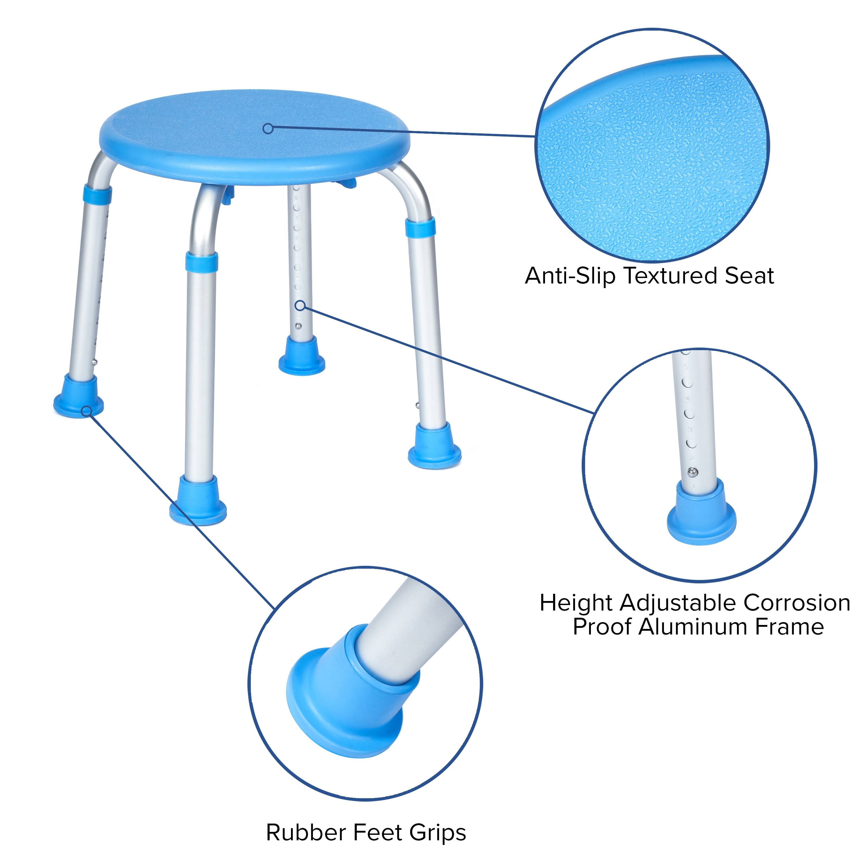 Anti-Slip Textured Seat  
Height Adjustable Corrosion Proof Aluminum Frame  
Rubber Feet Grips
