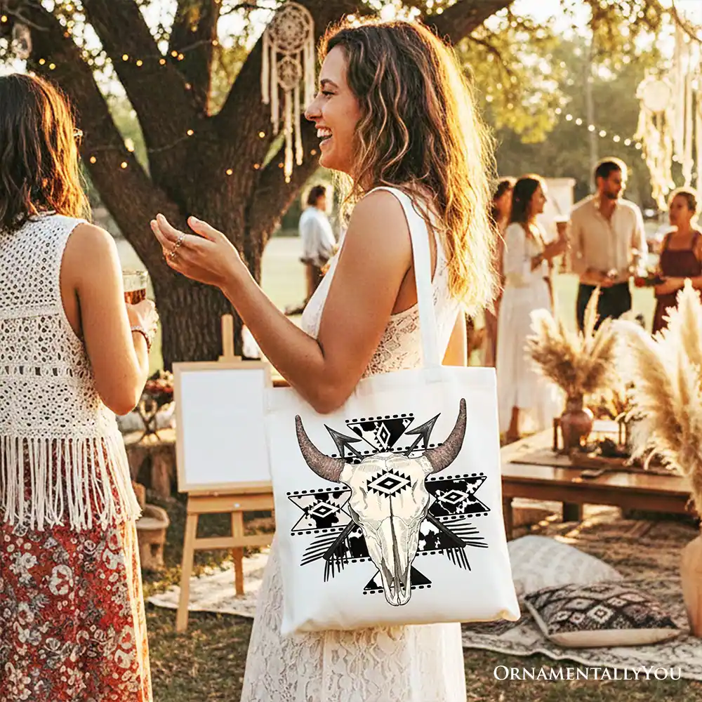 Left. OrnamentallyYou - Aztec Tribal Bull Skull Canvas Tote Bag, Western Boho Gift Shopper - White.
