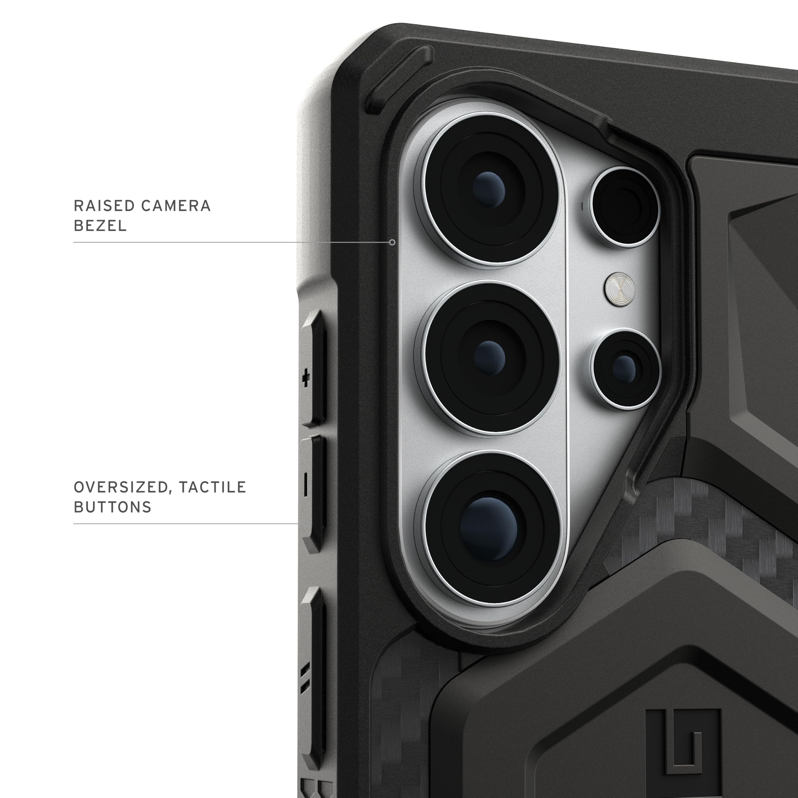 RAISED CAMERA BEZEL  
OVERSIZED, TACTILE BUTTONS