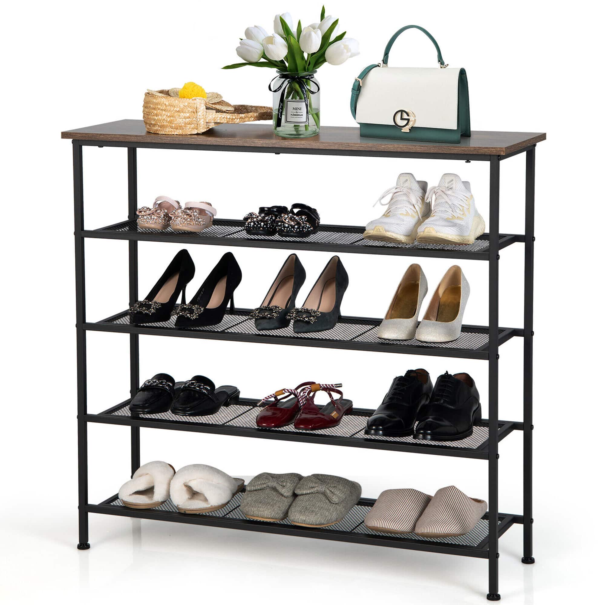 Gymax - Shoe Rack 5-Tier Shoe Storage Organizer W/4 Metal Mesh Shelves for 16-20 Pairs - Rustic brown
