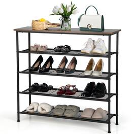 Gymax - Shoe Rack 5-Tier Shoe Storage Organizer W/4 Metal Mesh Shelves for 16-20 Pairs - Rustic brown