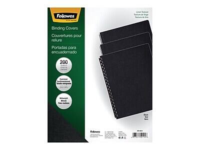 Fellowes Binding Covers  
Couvertures pour reliure  
Portadas para encuadernado  

200  

Linen Texture  
Texture de lin  
Textura de lino  

Overlapping  
Superposant  
Superpuesto  

Wingwires  
Minicintas  
Minicintas  

Black  
Noir  
Negro