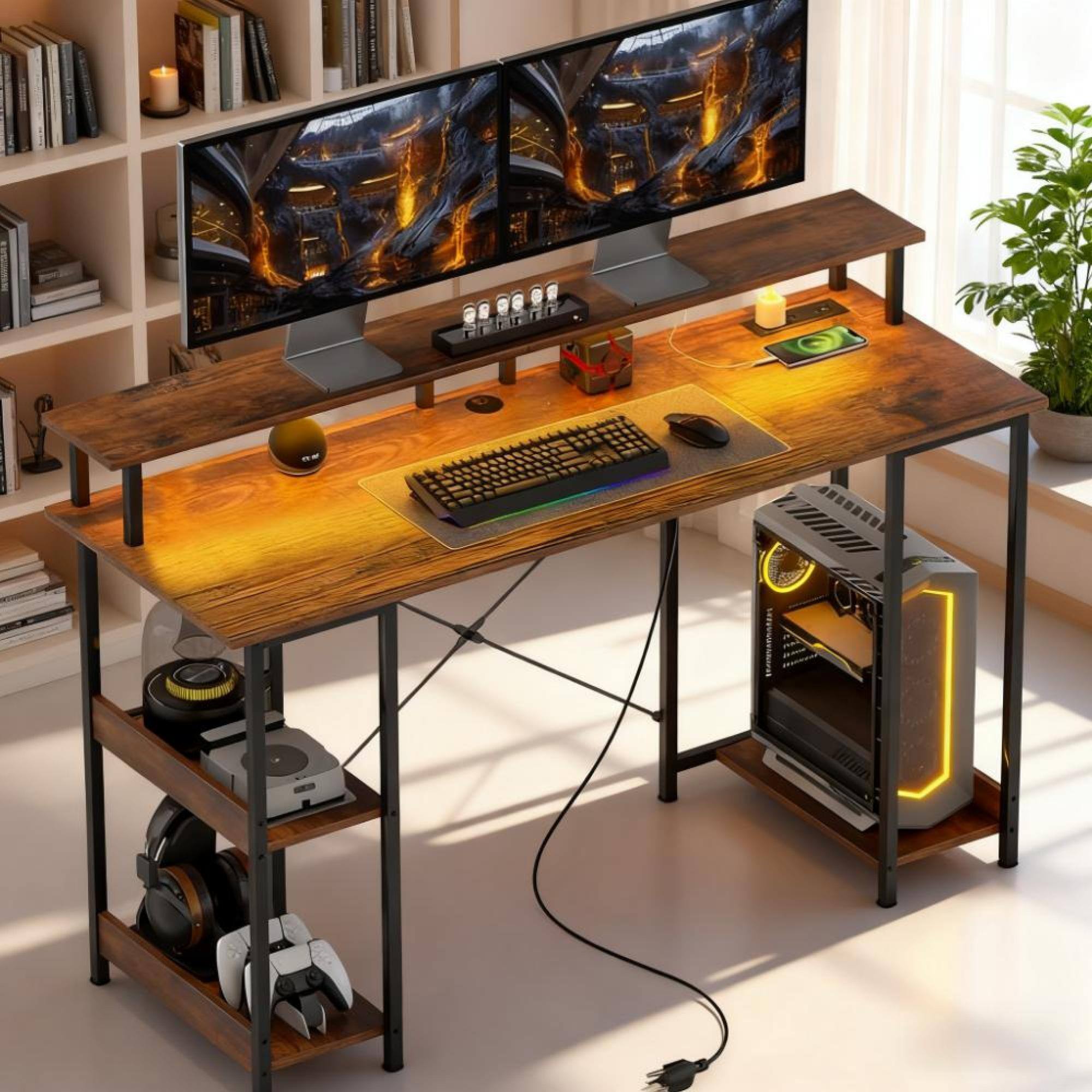 Alt View 5. GOODSILO - Reversible Computer Desk with Charging Station, LED Lighting, and Adjustable Storage Shelves for Home Office Use - Black,Rustic Brown.