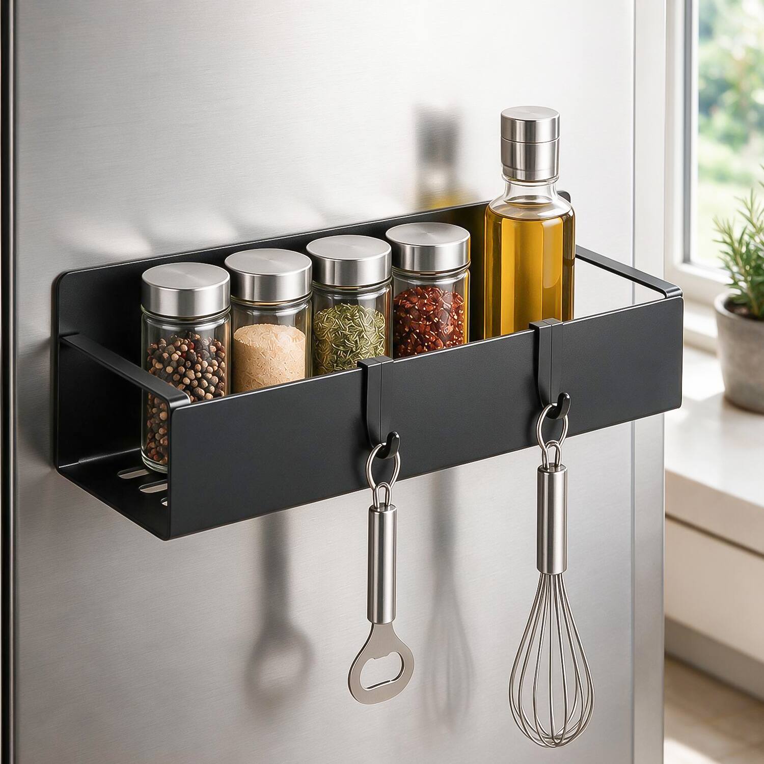 Front. Garnen - Magnetic Spice Rack with Hooks for Refrigerator, 12" Magnetic Fridge Shelf Seasoning Storage Organizer for Kitchen Oven - Black.
