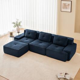 Anysun - 117" L-Shape Corduroy Sectional Sofa with Ottoman - 3-Seat Deep-Seat Couch, Pearl Piping, Tufted, No Assembly - Blue