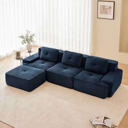 Front. Anysun - 117" L-Shape Corduroy Sectional Sofa with Ottoman - 3-Seat Deep-Seat Couch, Pearl Piping, Tufted, No Assembly - Blue.