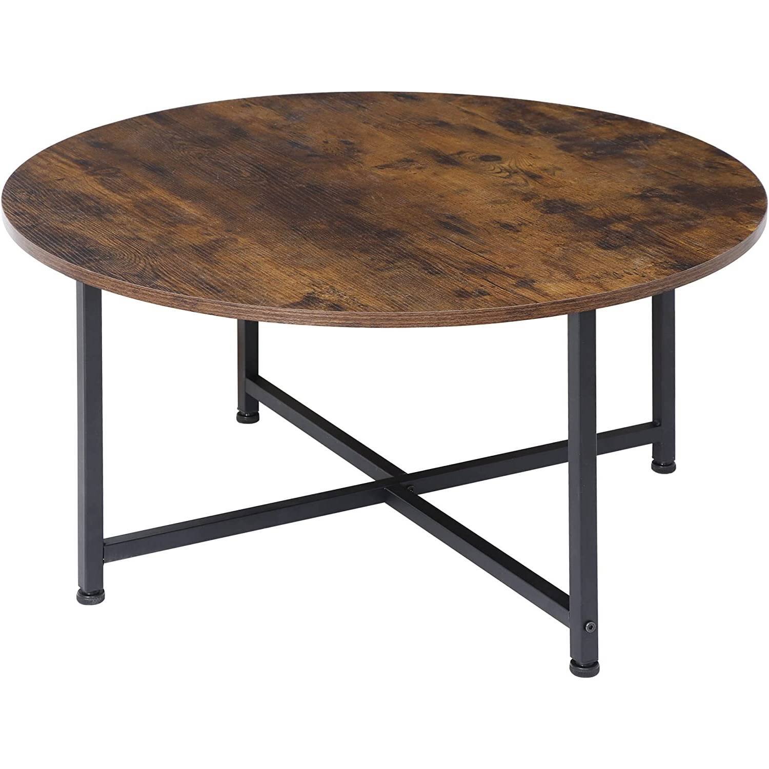 Angle. Hivvago - Modern Round Industrial Coffee Table with Rustic Brown Wood Top - brown.