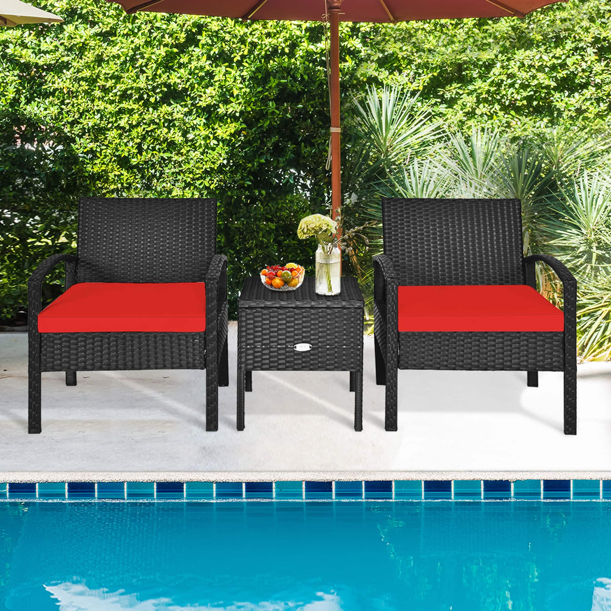 Gymax - 3PCS Rattan Patio Conversation Furniture Set w/ Storage Table Cushion - Red