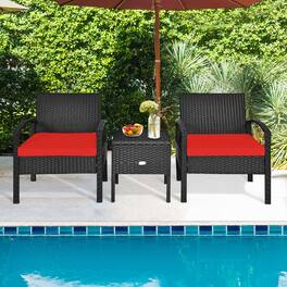 Gymax - 3PCS Rattan Patio Conversation Furniture Set w/ Storage Table Cushion - Red