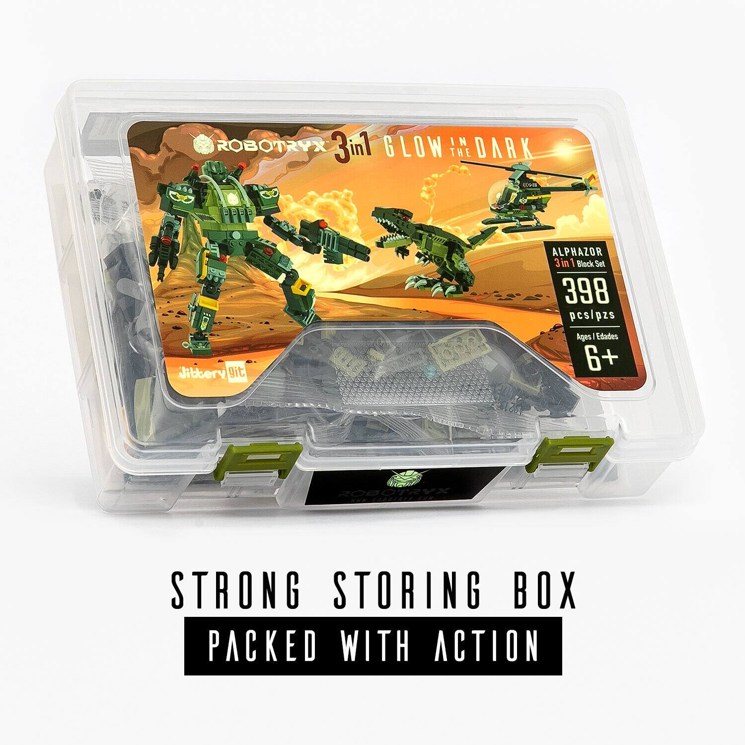 ROBOTRYX 3in1 GLOW IN THE DARK  
ALPHAZOR 3 in 1 Block Set  
398 pcs/pzs  
Ages / Edades 6+  

STRONG STORING BOX  
PACKED WITH ACTION