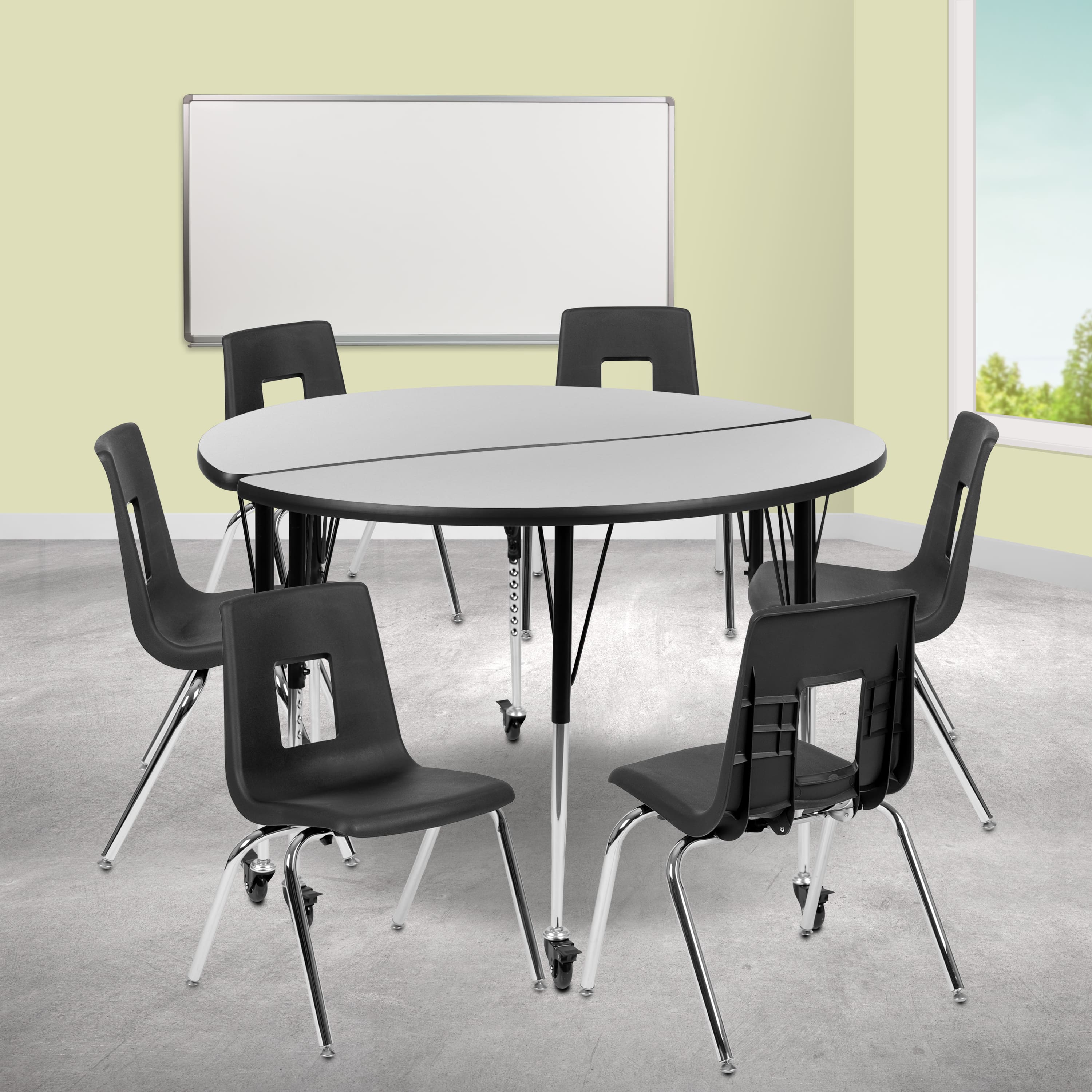 "Emma + Oliver - Mobile 47.5"" Circle Wave Collaborative Laminate Activity Table Set with 18"" Student Stack Chairs, Grey/Black - Gray" price history on PriceWatchPro