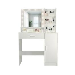 Ecooso - Vanity Desk with Mirror, 3 Lighting Modes, Adjustable Brightness, Drawer & Open Shelves - White