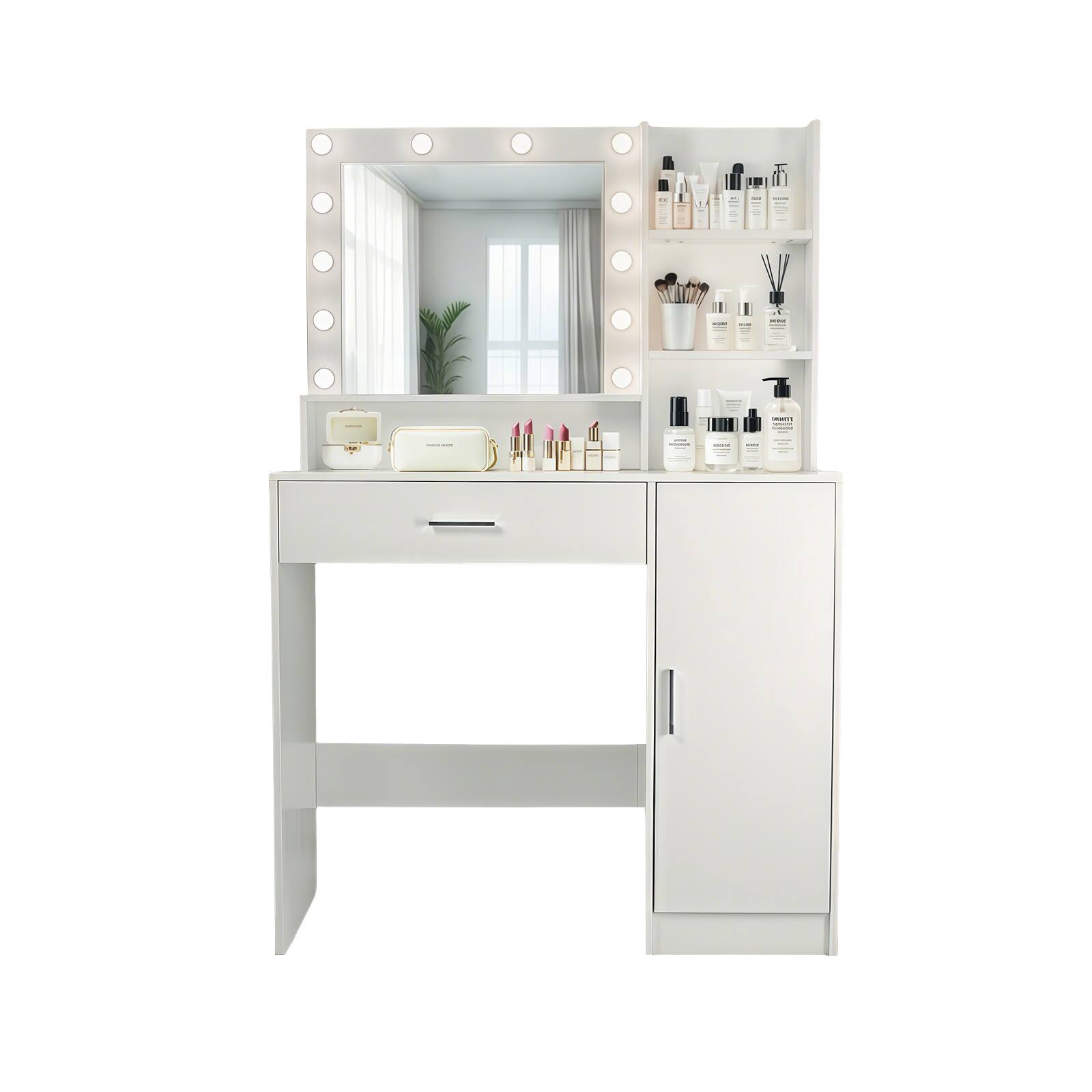 Front. Ecooso - Vanity Desk with Mirror, 3 Lighting Modes, Adjustable Brightness, Drawer & Open Shelves - White.