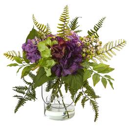 BreeBe - 14" Hydrangea & Berry Artificial Arrangement - Green