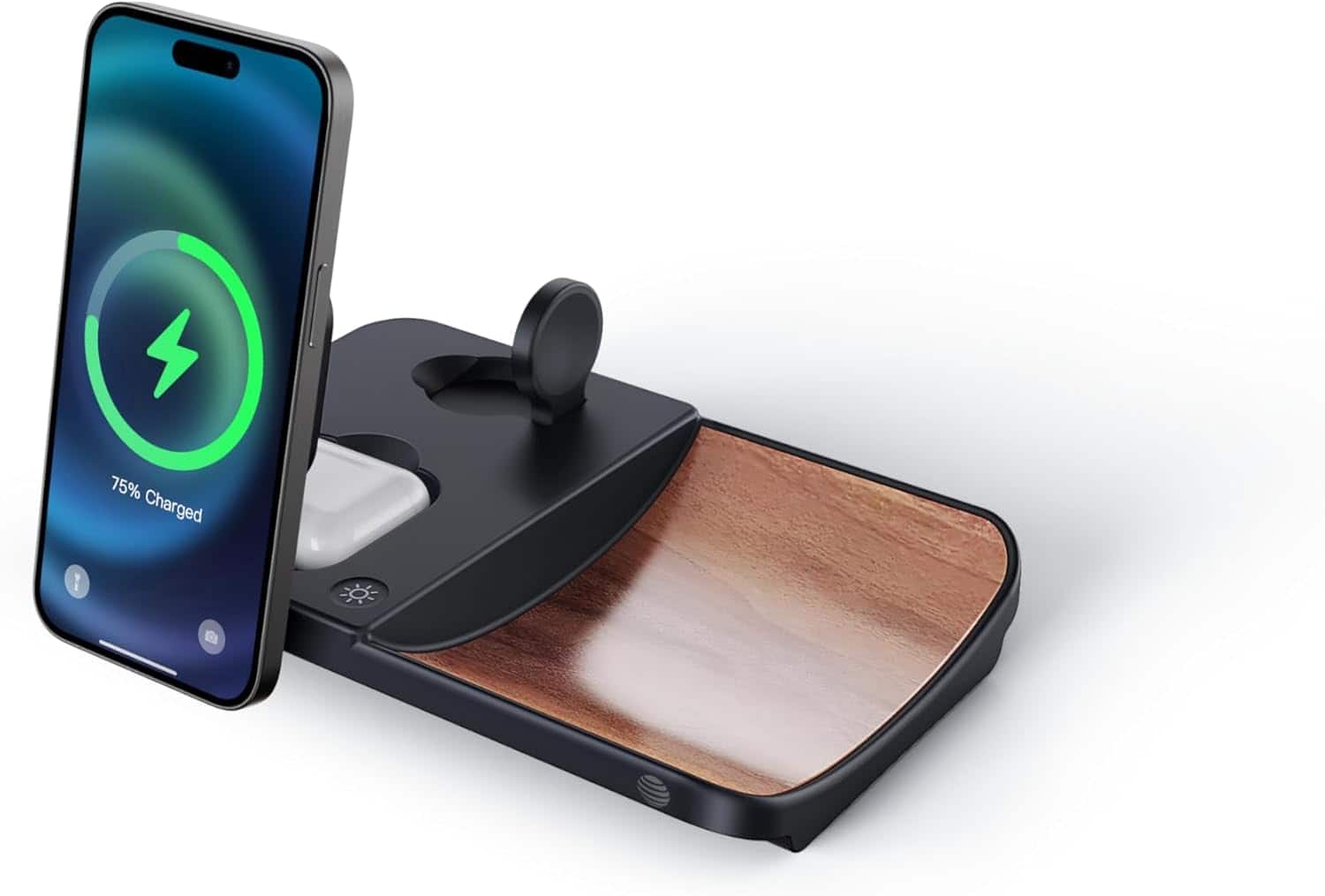 AT&T - 3-IN-1 Executive Wood Grain Power Tray Qi2 Fast Charge - Brown