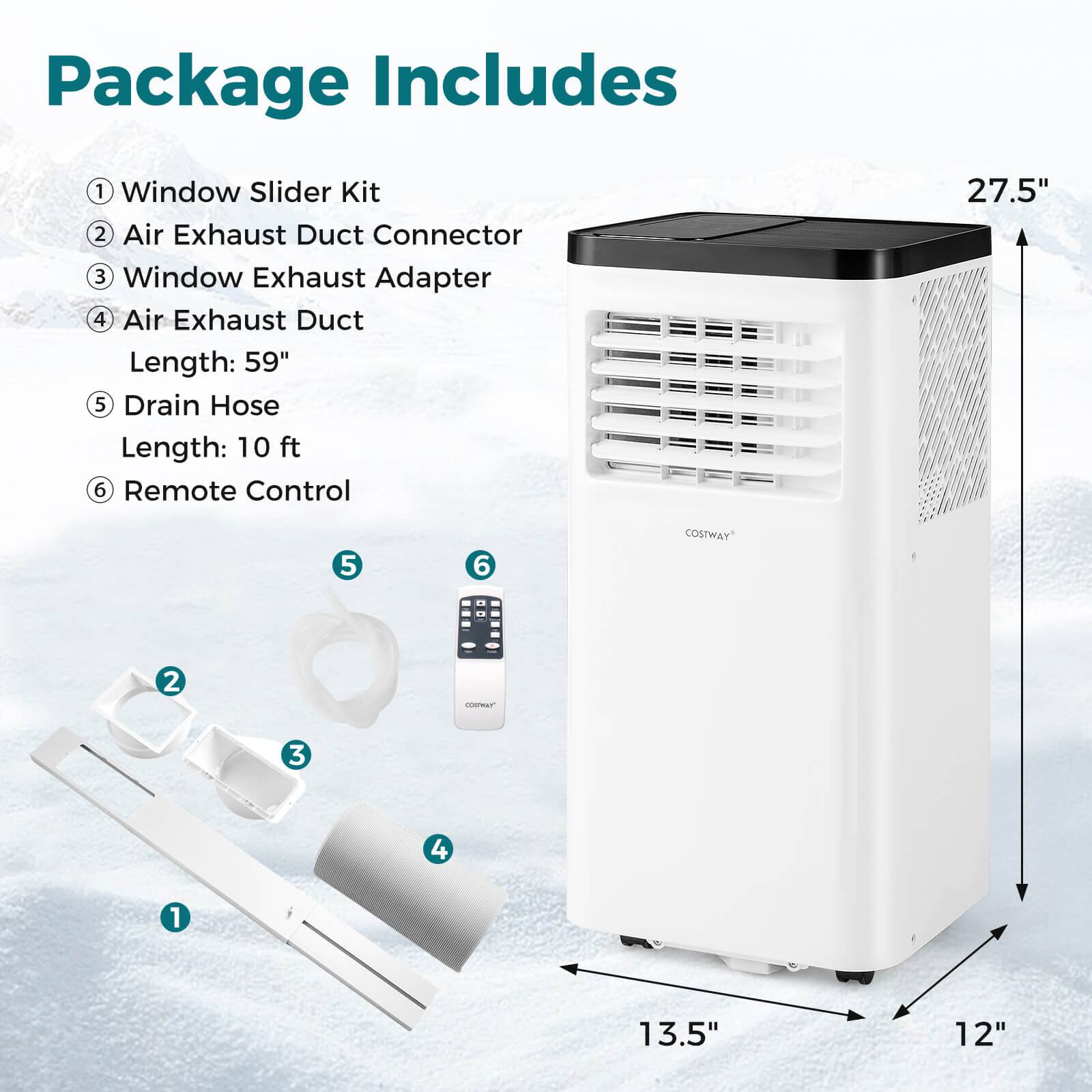 Package Includes:
1. Window Slider Kit
2. Air Exhaust Duct Connector
3. Window Exhaust Adapter
4. Air Exhaust Duct Length: 59"
5. Drain Hose Length: 10 ft
6. Remote Control

The image shows a white box with a window air conditioner and its accessories. The box includes a window slider kit, an air exhaust duct connector, a window exhaust adapter, an air exhaust duct with a length of 59 inches, a drain hose with a length of 10 feet, and a remote control. The dimensions of the box are 13.5 inches by 12 inches.