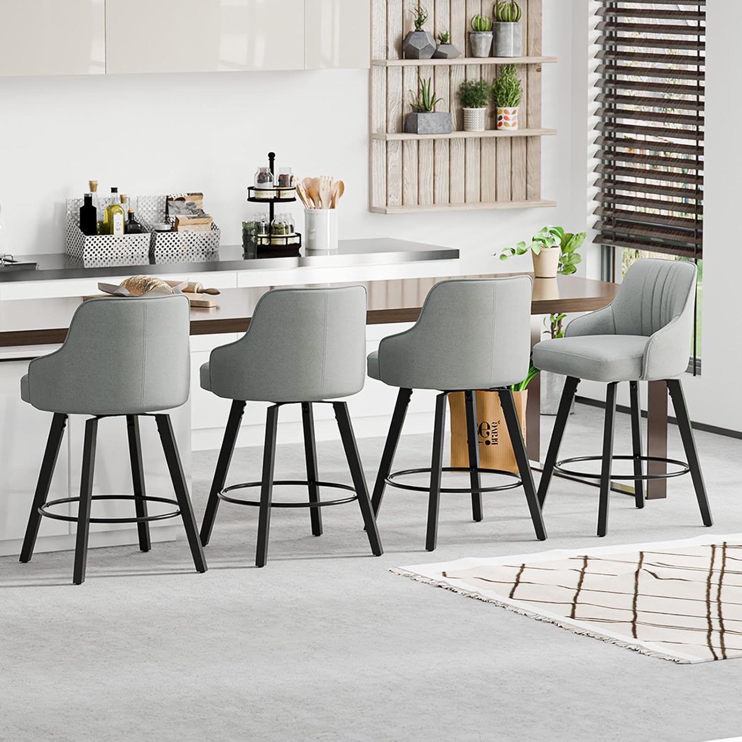 Alt View 6. Winado - 26" H Swivel Barstools Counter Height Bar Stool Modern Counter Stool with Back Kitchen High Chairs Solid Wood Legs - Grey Fabric-Set of 3.