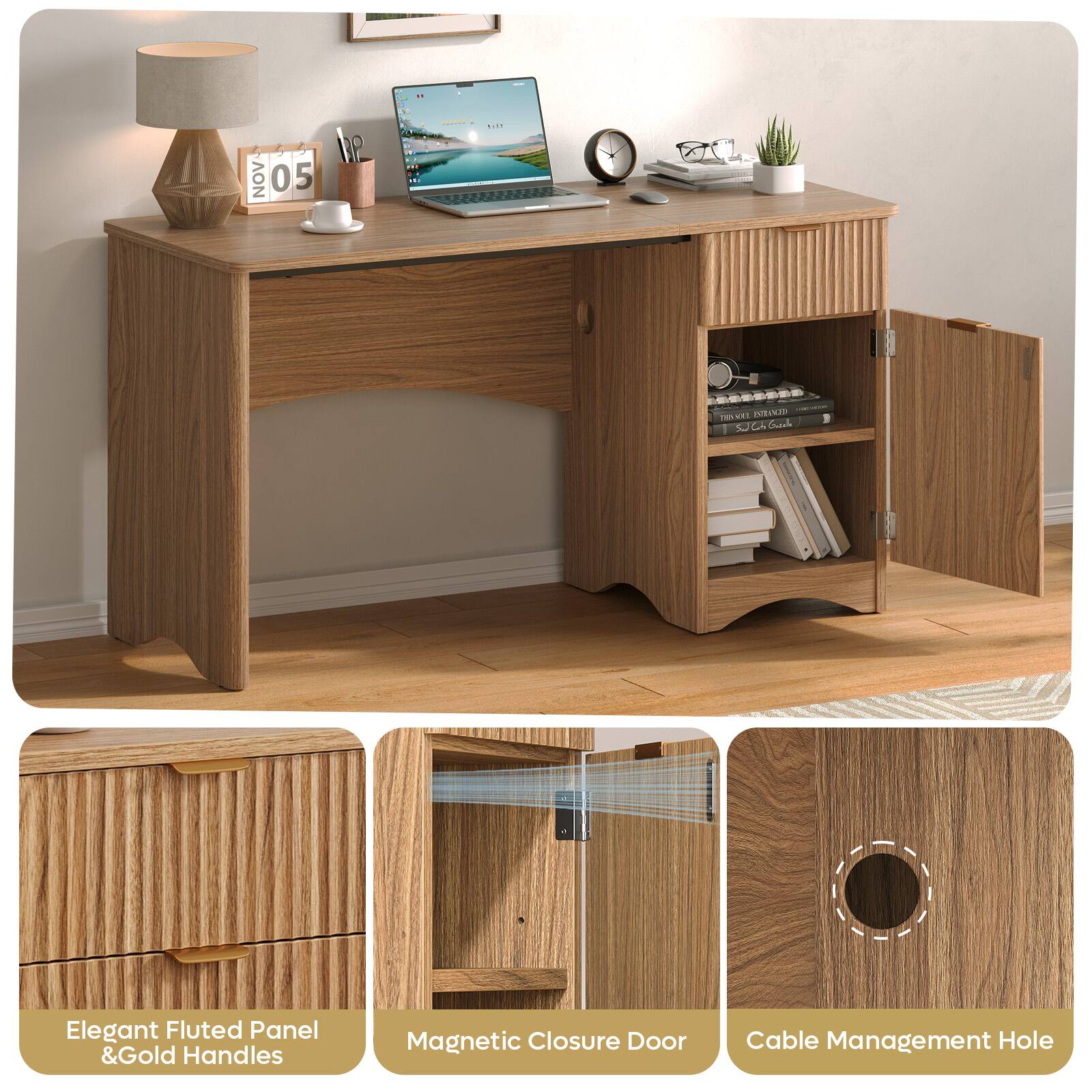 Elegant Fluted Panel & Gold Handles  
Magnetic Closure Door  
Cable Management Hole