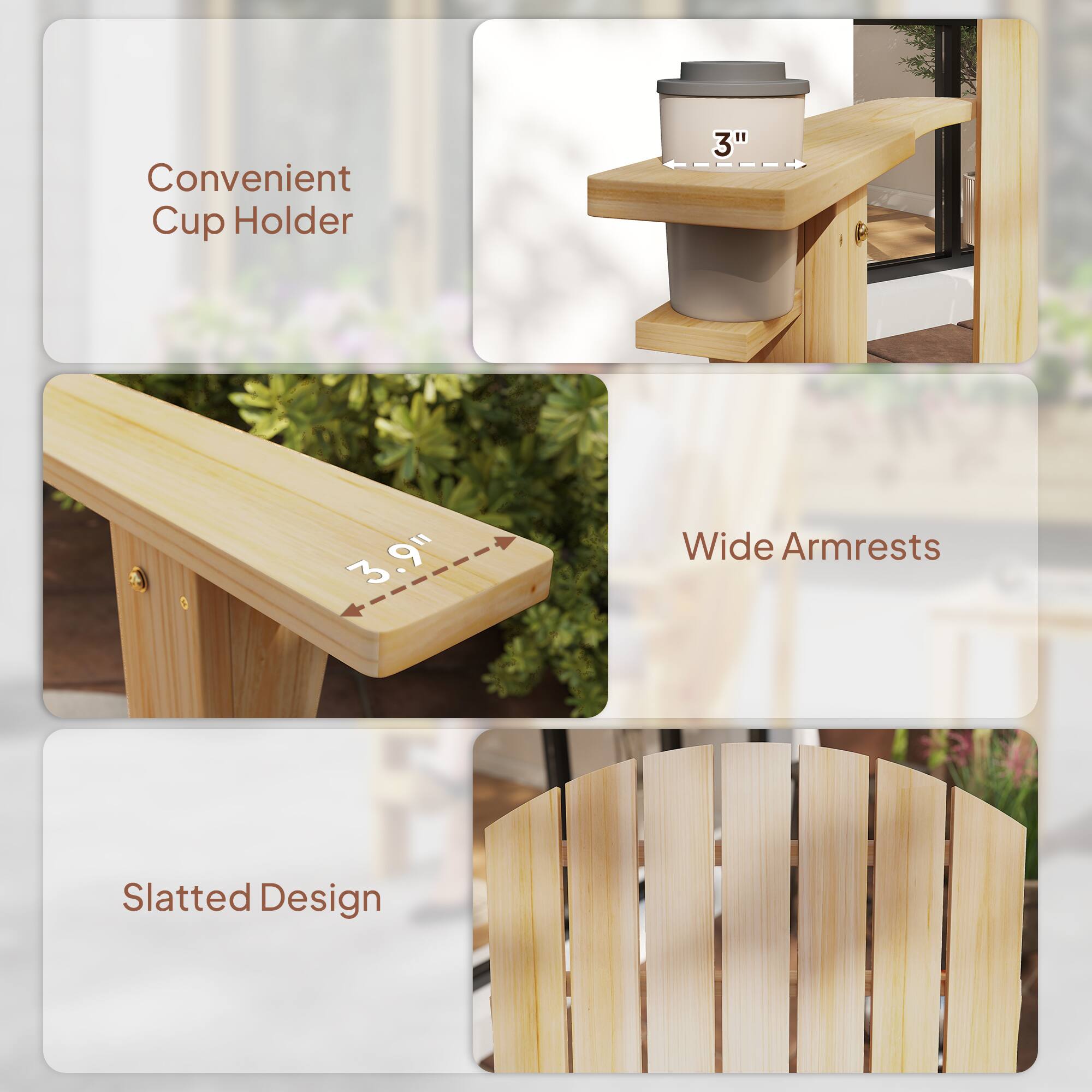 Convenient Cup Holder  
3"  
Wide Armrests  
3.9"  
Slatted Design