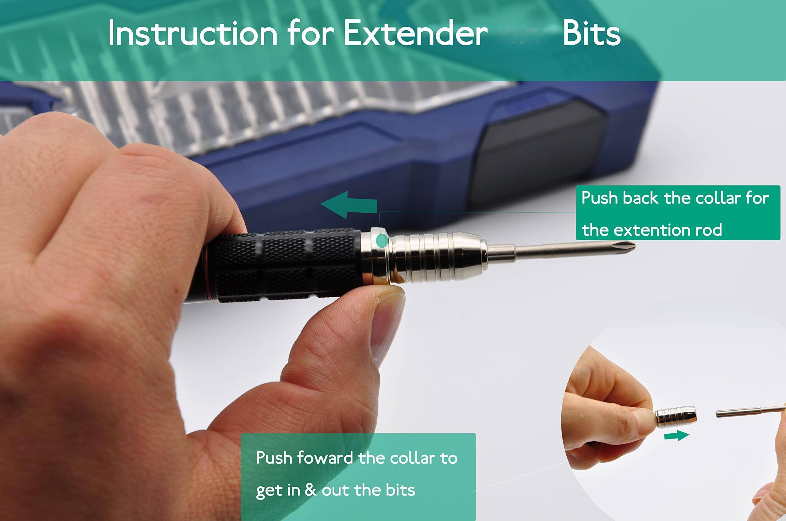 Instruction for Extender Bits

Push back the collar for the extension rod

Push forward the collar to get in & out the bits