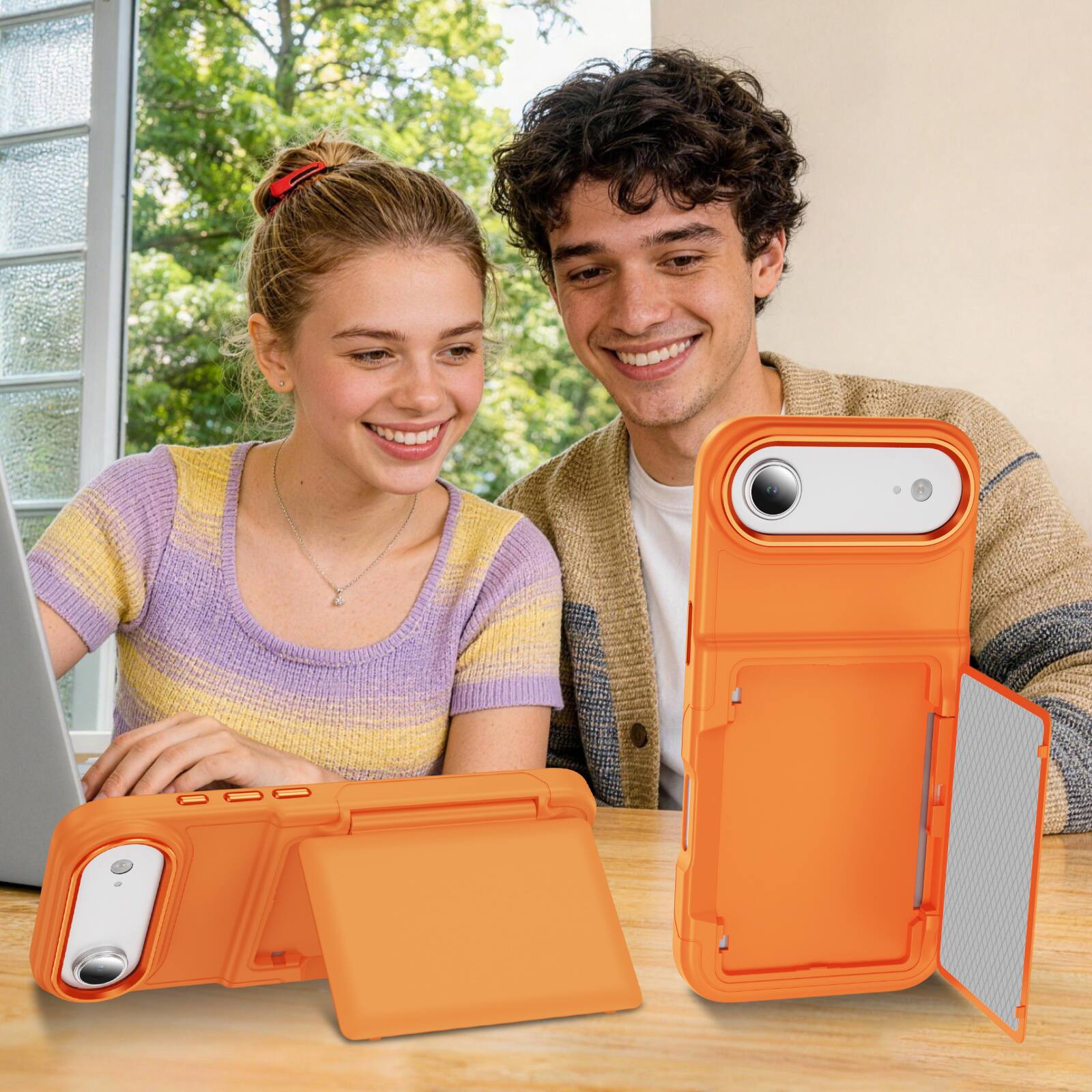 Alt View 3. Dteck - RFID Wallet Case for Apple iPhone Air, Shockproof Drop Protection Cover with Hidden Card Slot and Kickstand - Orange.